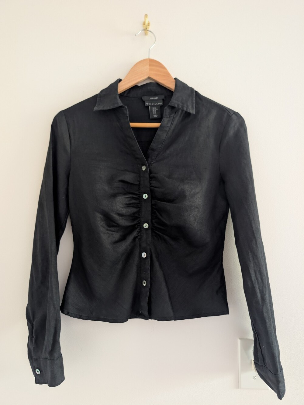 Tahari 100% Linen Black Ruched Front Button-Down Shirt